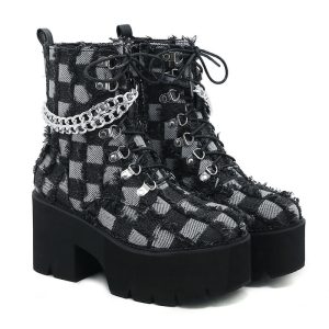 Checked Denim Ankle Boots