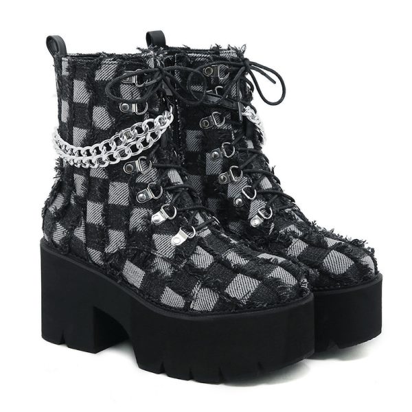 Checked Denim Ankle Boots