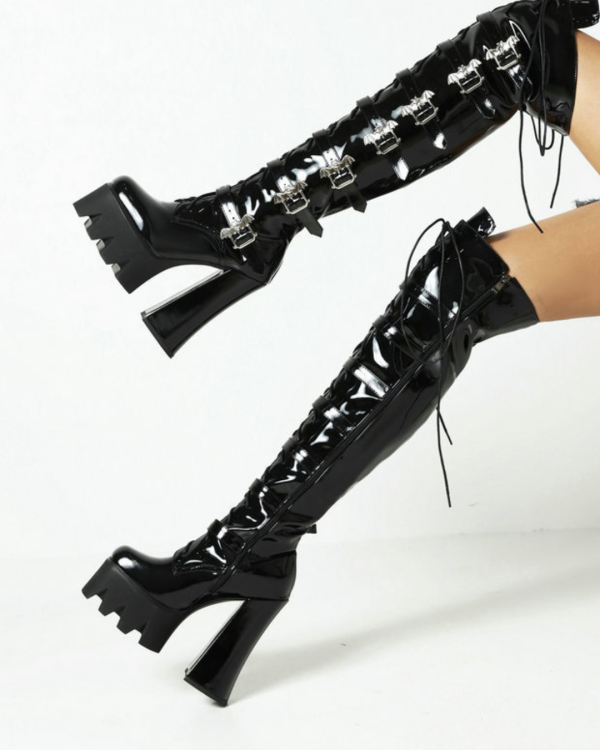Over-the-knee boots with buckled straps