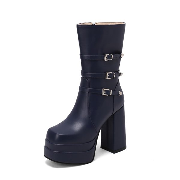 Navy Blue Mid-Calf Platform Boots