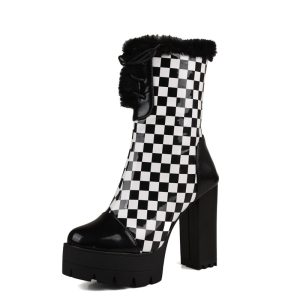 Checked ankle boots with fur trimmings