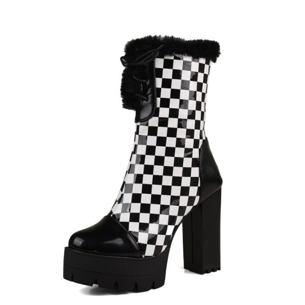 Checked ankle boots with fur trimmings