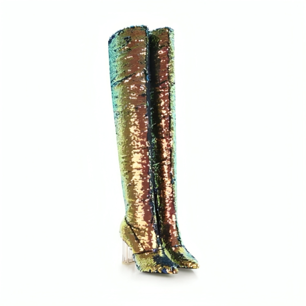 Sequined chromatic thigh-high boots