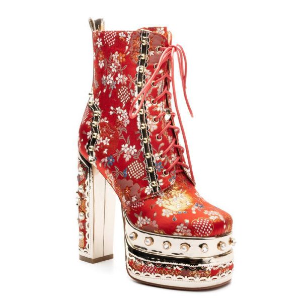 Platform ankle boots with flower brocade design