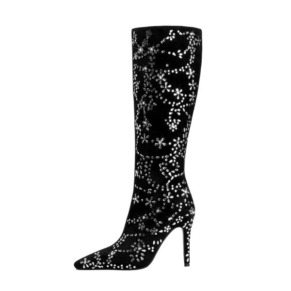 Velvet pointed boots with crystal flowery intricates