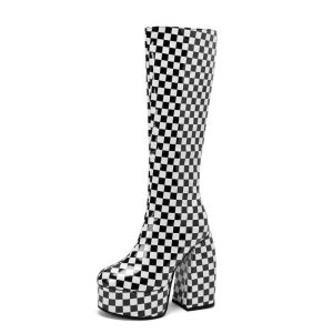 Box-tiled platform block-heel boots