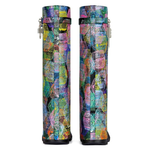 multicolored boots with a padlock design on the side