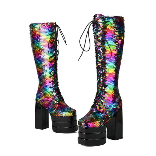 Multi-colored knee-high boots with a double platform and block heel