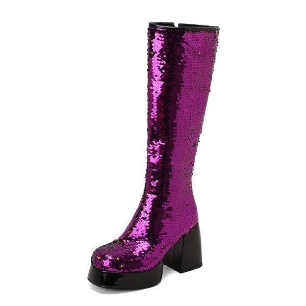 Purple boots with a platform and block heel
