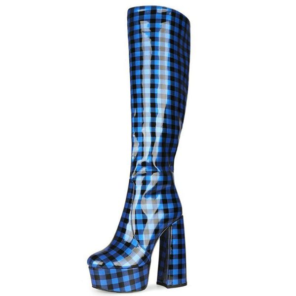 Glossy Blue Checked Platform Boots