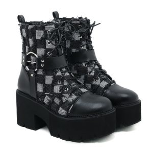 Checked denim ankle boots