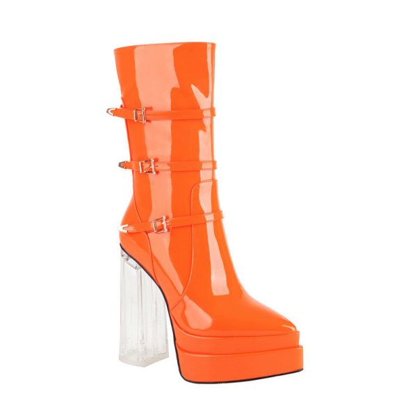 Mid-calf glossy boots with a transparent heel