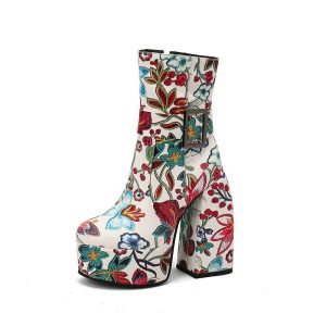 Platform ankle boots with floral design