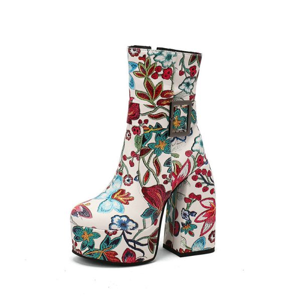 Platform ankle boots with floral design