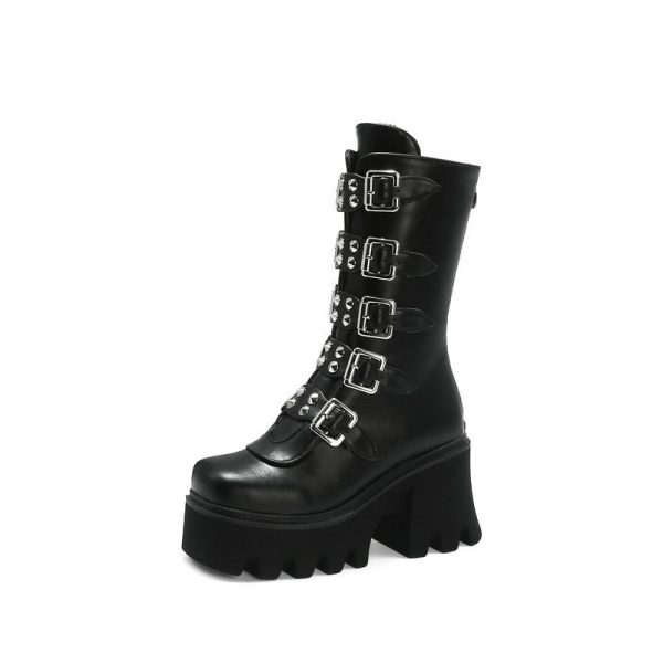 Mid-calf boots with buckles on the side