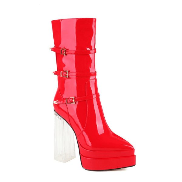 Mid-calf glossy boots with a transparent heel