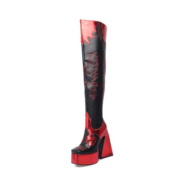 Black Thigh-High Boots with Flame-design embroidery