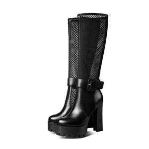 Red wine knee-high boots with mesh