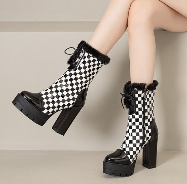 Checked ankle boots with fur trimmings
