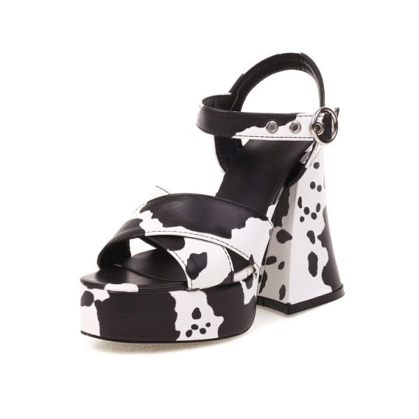 Cowhide print open platform heels