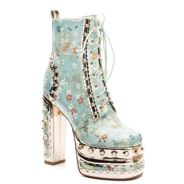 Platform ankle boots with flower brocade design