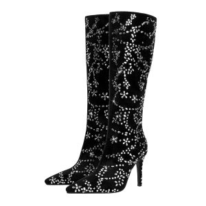 Velvet pointed boots with crystal flowery intricates
