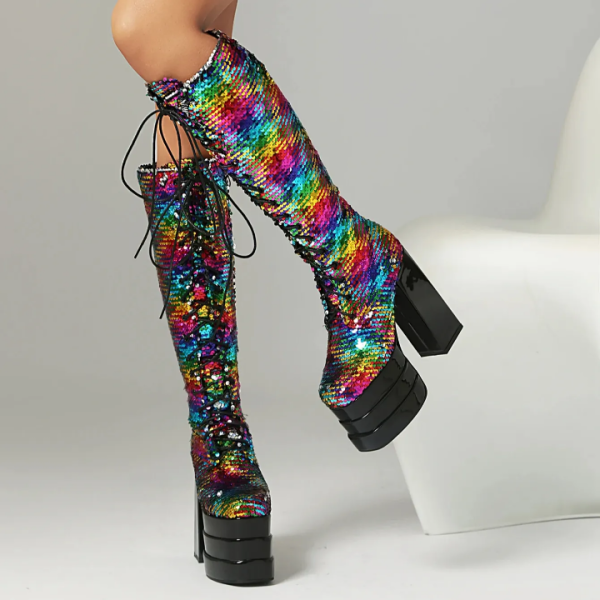 Multi-colored knee-high boots with a double platform and block heel