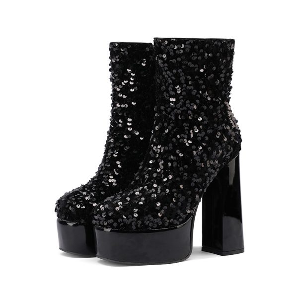 Sequined ankle boots with platform and block heel