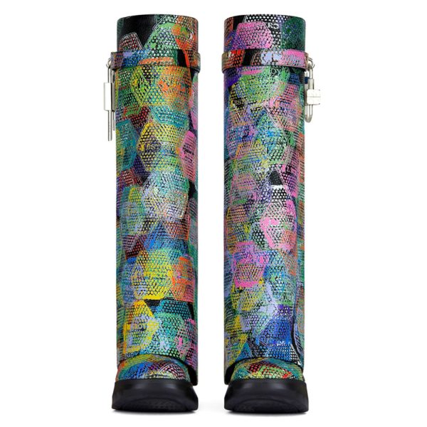 multicolored boots with a padlock design on the side