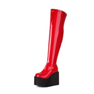 over-the knee glossy leather red wedge boots