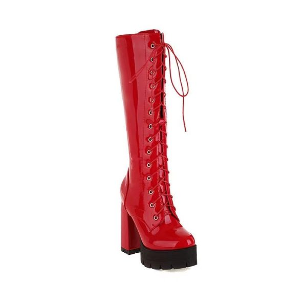 Red knee-high platform boots