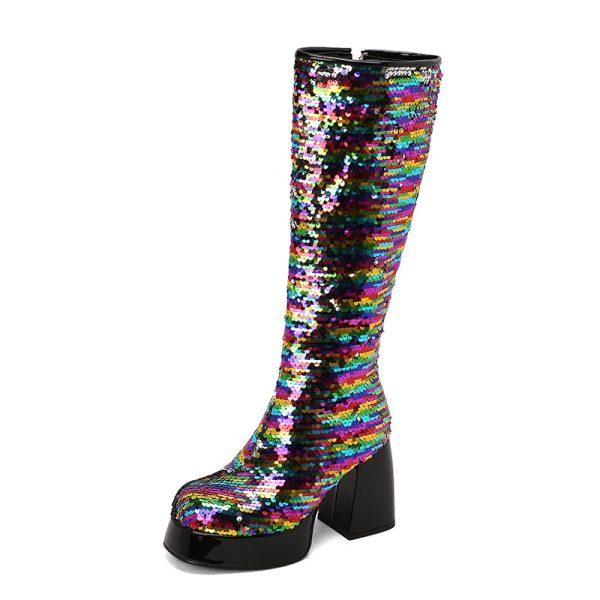 Multi-colored boots with a platform and block heel