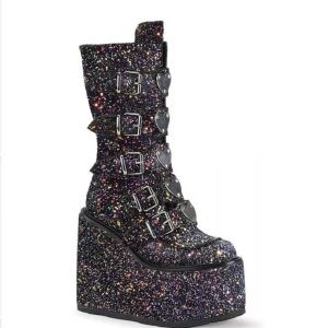 Shimmering goth-punk wedge boots