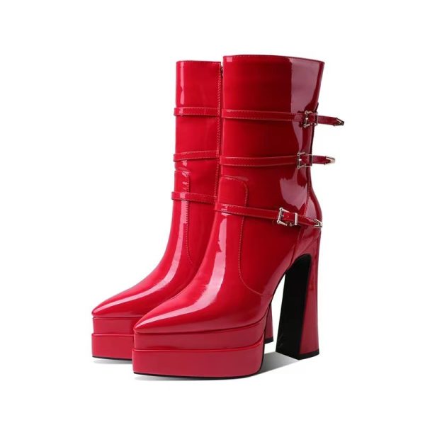 Pointy-toe mid-calf high heeled boots