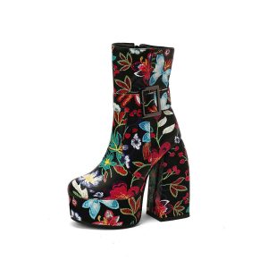 Platform ankle boots with floral design