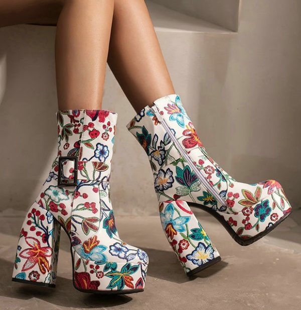 Platform ankle boots with floral design