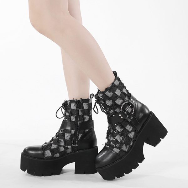 Checked denim ankle boots