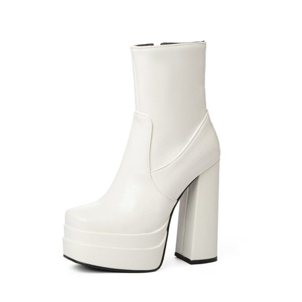 Glossy platform white ankle boots