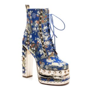 Platform ankle boots with flower brocade design