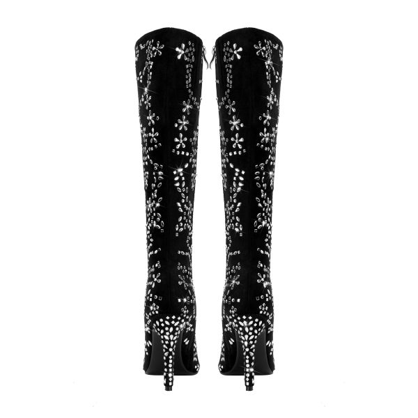 Velvet pointed boots with crystal flowery intricates