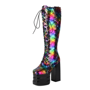 Multi-colored knee-high boots with a double platform and block heel