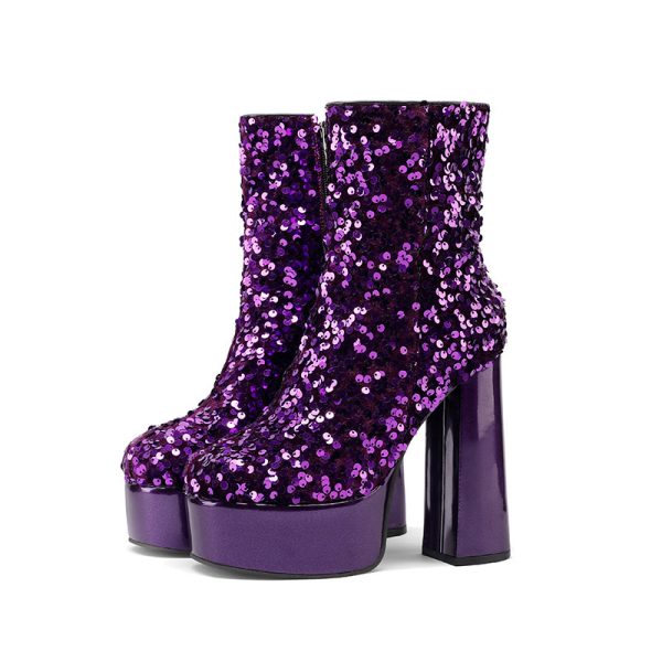 Sequined ankle boots with platform and block heel