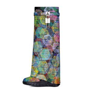 multicolored boots with a padlock design on the side