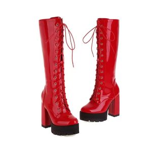 Red knee-high platform boots