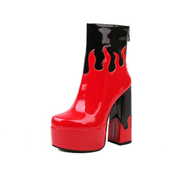 Red Ankle Boots with a Flame Design at the top