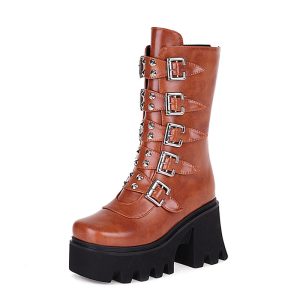 Mid-calf boots with buckles on the side