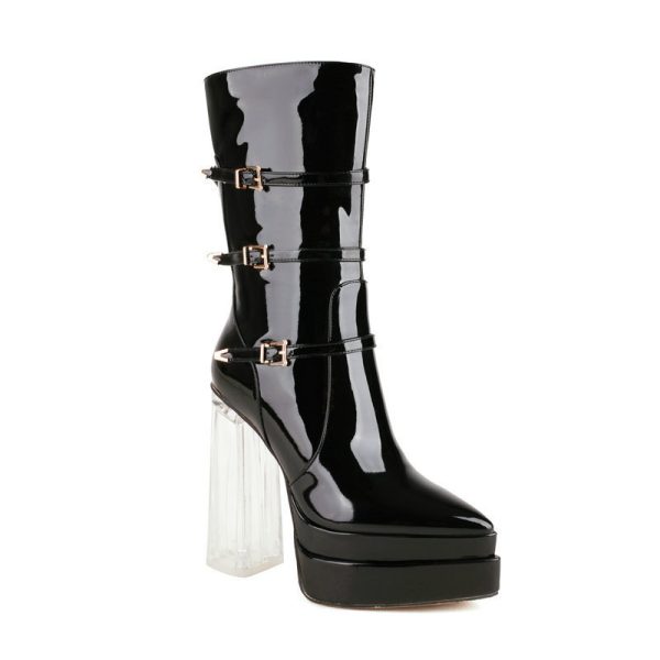 Mid-calf glossy boots with a transparent heel