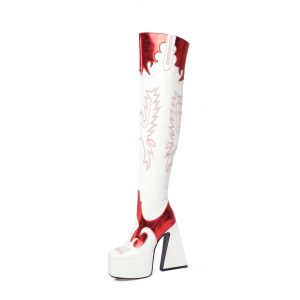 White Thigh-High Boots with Flame-design embroidery