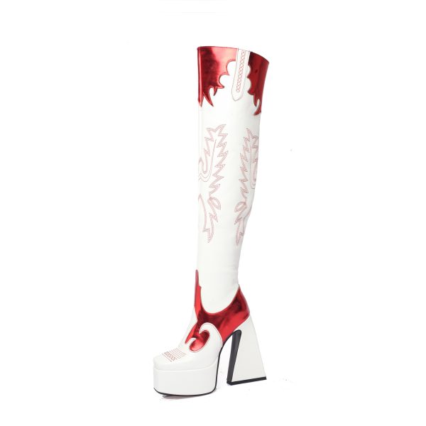 White Thigh-High Boots with Flame-design embroidery