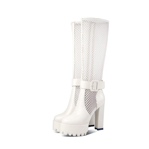 Red wine knee-high boots with mesh